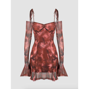 Red/Rust Mesh Bell Sleeve Off-shoulder Short Dress